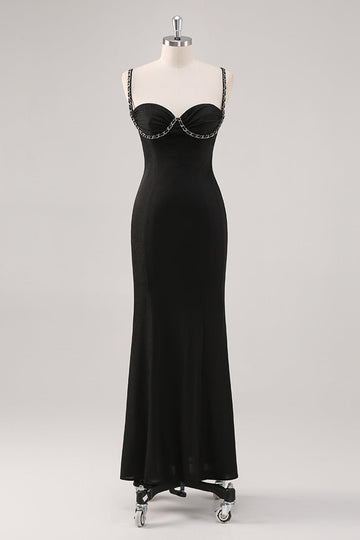 Robe formelle simple noire à bretelles spaghetti fourreau